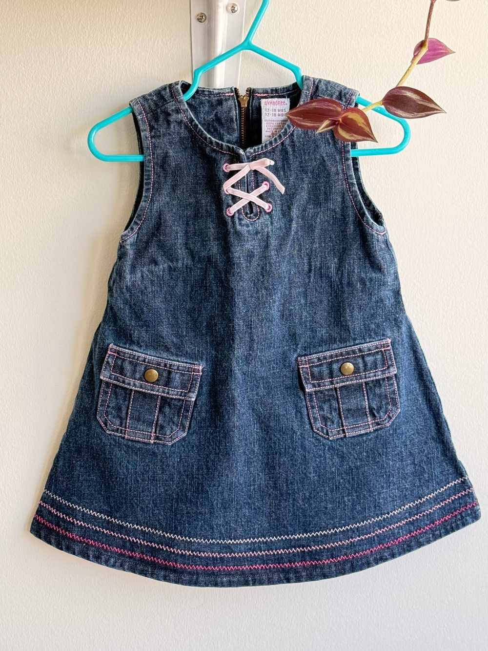 VTG Gymboree Denim Jumper Dress 12-18 Months Pink Lace Up 2003 Boho Retro